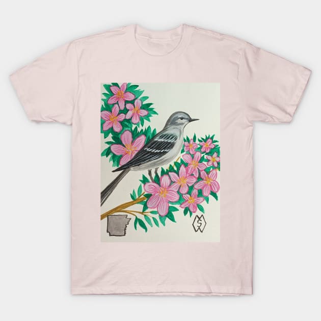 Arkansas state bird and flower, the mockingbird and apple blossom T-Shirt by Matt Starr Fine Art